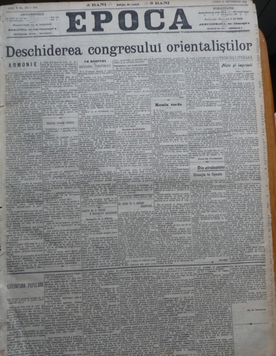 Ziarul Epoca, 24 Septembrie 1899; Deschiderea Congresului Orientalistilor