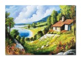Cumpara ieftin Tablou peisaj de vara priveliste catre lac pictat manual, Colt de rai, 70x50cm ulei pe panza Constantin Feraru