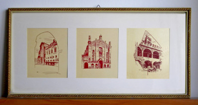 Schite arhitectura - tablou triptic litografii originale cu passepartout 54x27cm foto
