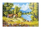 Cumpara ieftin Tablou gigant peisaj de la munte cu cabane si flori multicolore pictat manual, Maretie, 120x80cm ulei pe panza, Constantin Feraru