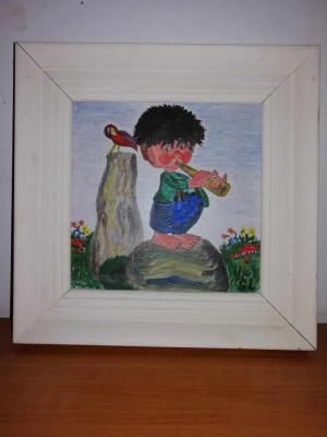 Tablou pictura pe placaj pitic spiridus cu fluier flaut elf nordic rama lemn foto
