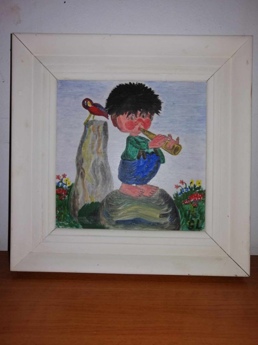 Tablou pictura pe placaj pitic spiridus cu fluier flaut elf nordic rama lemn