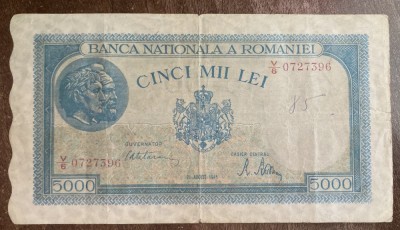 B11 85 - Bancnota foarte veche - Romania - 5000 lei - emisiune 21 august 1945 - filigran BNR vertical foto
