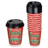 Pahare de carton rosii cu model de Craciun, 360ml, 10 buc, cu capace intarite, CMCLASS