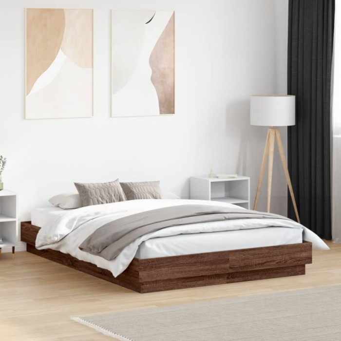vidaXL Cadru de pat cu lumini LED, stejar maro, 135x190 cm 3209820