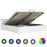 VidaXL Cadru pat hidraulic cu ladă LED alb 160x200 cm, piele ecologică