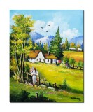 Cumpara ieftin Tablou peisaj cu tarancuta si case, pictat manual 50x40cm ulei pe panza, Constantin Feraru