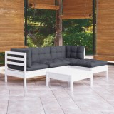 VidaXL Set mobilier grădină cu perne, 5 piese, alb, lemn de pin