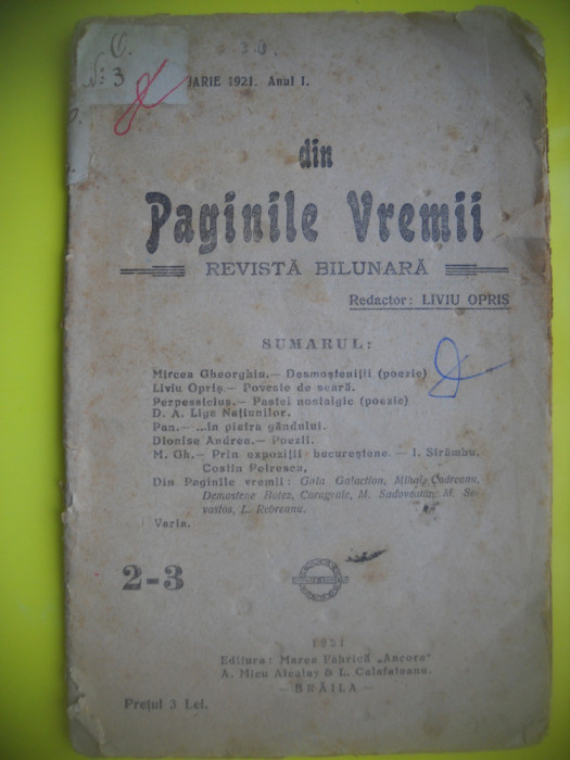 HOPCT REVISTA BILUNARA DIN PAGINILE VREMII -IAN 1921 EDIT ANCORA BRAILA 36 PAG -