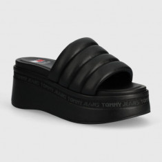 Tommy Jeans papuci TJW WEDGE SANDAL femei, culoarea negru, toc pana, EN0EN02455