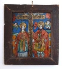 &quot;Sfintii Imparati Constantin si Elena&quot; icoana pe sticla de Scheii Brasovului sfarsit de sec XIX