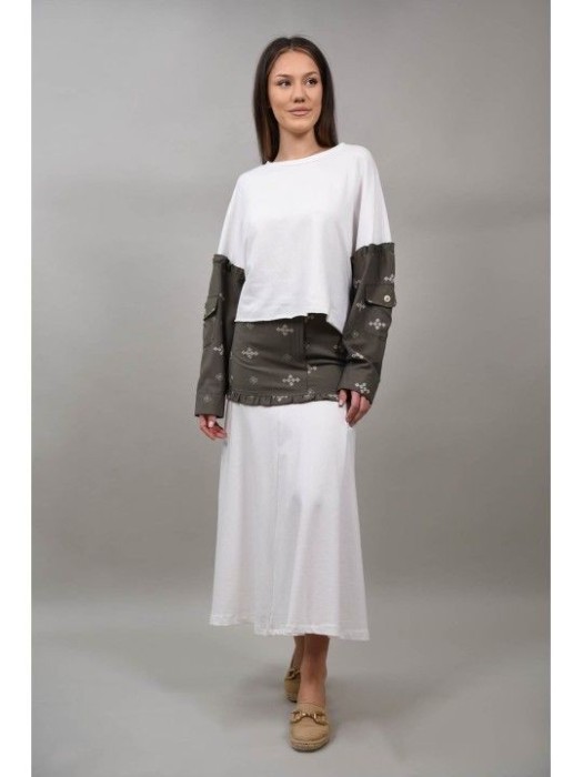 BLUZA CROP CU BRODERII COMBINATA QUAINTARA TALIE UNICA Kaki