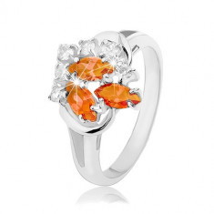 Inel de culoare argintie, zirconii portocalii și transparente, arcade lucioase - Marime inel: 54