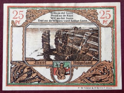 Germania notgeld 25 pfennig 1919 Helgoland Spar &amp;amp; Leihkasse ** foto