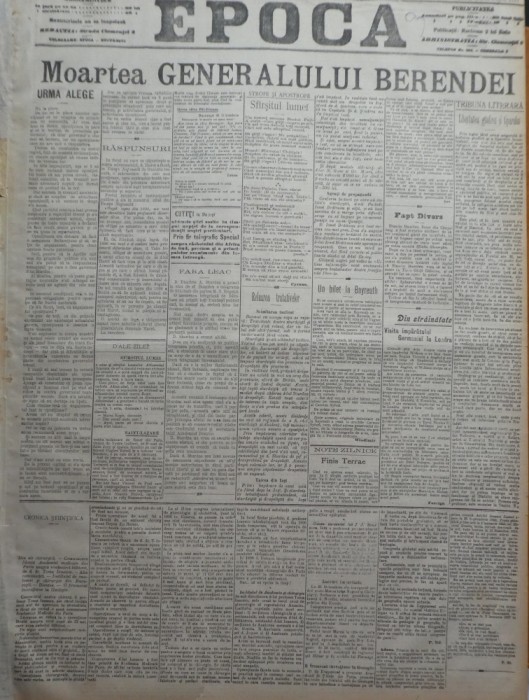 Ziarul Epoca, 2 Noiembrie 1899 ; Moartea Generalului Berendei