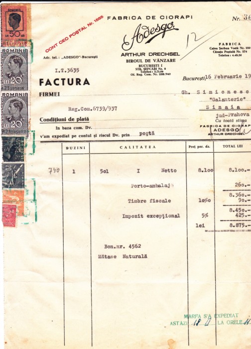 ARTHUR DRECHSEL &quot;ADESGO&quot; FABRICA DE CIORAPI FACTURA CU TIMBRE FISCALE PERFORATE 1943