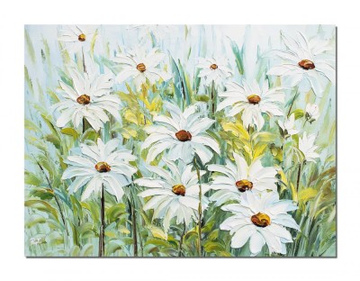 Tablou 3D cu flori pictat manual - Margarete pe camp - 80x60cm ulei pe panza in cutit foto