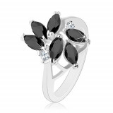 Inel decorat cu bobițe negre șlefuite, două zirconii rotunde transparente - Marime inel: 49