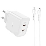 Incarcator iphone dual port 2x tip-c pd45w si cablu tip-c la lightning hoco streamer, white