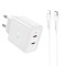 Incarcator iphone dual port 2x tip-c pd45w si cablu tip-c la lightning hoco streamer, white