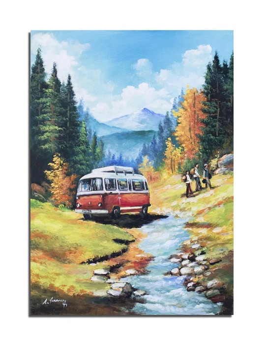 Tablou peisaj de la munte pictat manual, In excursie, 70x50cm pictura ulei pe panza