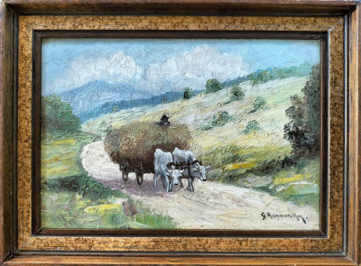 G. Kuşovsky (Kuşovski)-Car cu boi, pictură pe lemn foto