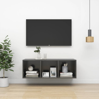 Gossi dulap tv montat pe perete, gri extralucios, 37x37x107 cm, pal foto