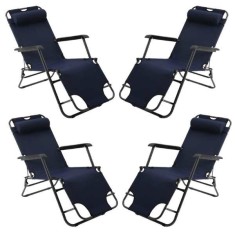 Set, 4 buc Sezlong cu Tetiera, Cadru Metalic si Panza Oxford 600D Impermeabila, rezistent UV, Mag 150 kg, 178x60x79 cm, Navi Blu