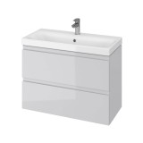 Cumpara ieftin Baza si lavoar ceramic CS9741, mobilier baie suspendat 80 cm, dreptunghiular, front MDF, 2 sertare, glisiere soft close, gri