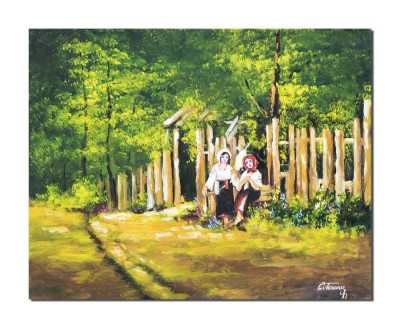 Tablou celebru Fete lucrand la poarta pictat manual, 50x40cm ulei pe panza, reproducere Nicolae Grigorescu foto