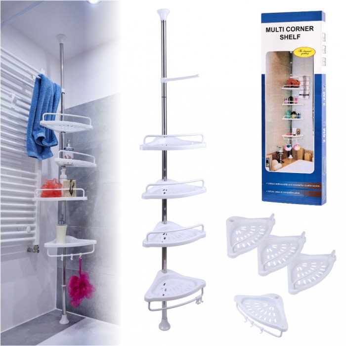 Organizator baie, raft de baie de tip &quot;coltar&quot; cu brat telescopic, cu 4 etajere si suport pentru prosop