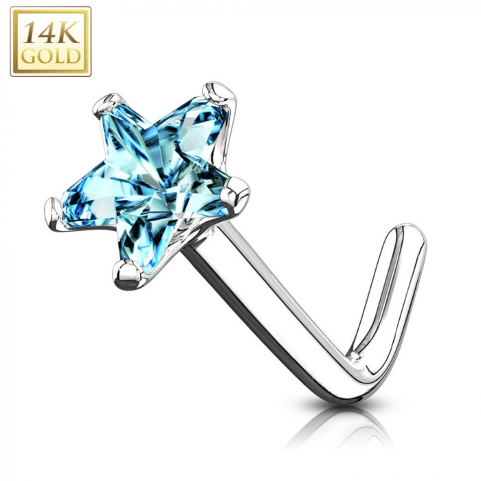 Piercing curbat, pentru nas, din aur alb de 14K - zircon albastru, stea, 0,8 mm