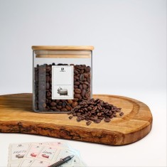 Recipient depozitare alimente, borcan din sticla borosilicata 0.8L, capac etans, Koken Organizare, Patrat, Capac Bambus, Autocolante, marker
