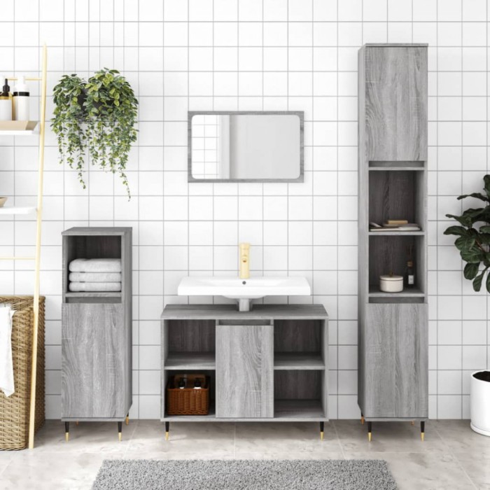 Set mobilier de baie, 3 piese, gri sonoma, lemn prelucrat