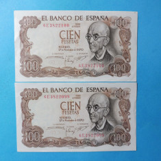 SPANIA 2 BANCNOTE 100 PESETAS 1970 - Spania franchista - SERII CONSECUTIVE (110)