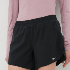 Reebok pantaloni scurți de alergare HA1043 femei, culoarea negru, neted, medium waist