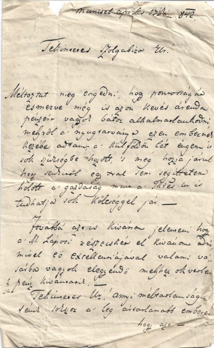 A3020N Scrisoare a contesei Pataky Louise din Muncelu, varmeghia Alba, 1842, către un solgabirău din T&acirc;rgu Lăpuș, Maramureș