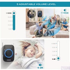 Sonerie wireless, ZYuuan, Plug and Play, Cu buton impermeabil, 1 x Receptor, 5 Niveluri de volum, Negru