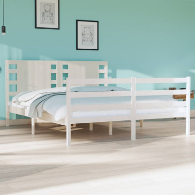 vidaXL Cadru de pat dublu, alb, 135x190 cm, lemn masiv de pin foto