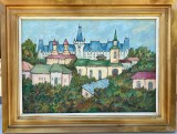 Tablou pictor rom&acirc;n Artă Naivă Peisaj Ieșean cu Palatul Culturii pictura ulei inramata 46x59 cm, Peisaje, Realism