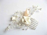 Pieptan Mireasa Nunta Sidef, Floare Fimo, Perle Sticla, Frunza Fluture - Handmade