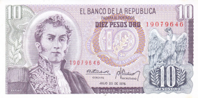 Bancnota Columbia 10 Pesos Oro 1976 - P407f UNC foto