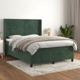 VidaXL Pat box spring cu saltea, verde &icirc;nchis, 140x190 cm, catifea