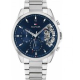 Tommy Hilfiger Ceas pentru bărbați model Baker, 44 mm, cu cronograf, baterie și brățară metalică de culoare argintie, cod 1710448