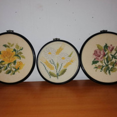 3x tablou cusut brodat floral flori rama rotunda sintetica