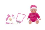Papusa bebelus 35 cm interactiva, Globo Bimbo, cu pijama moale si caciulita, accesorii hranire, biberon, stetoscop si alte accesorii doctor pentru ing