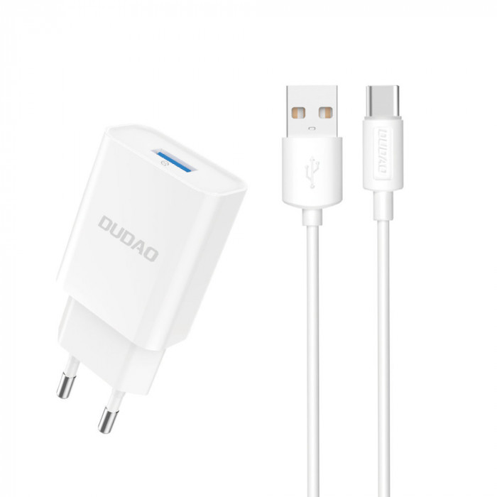 &Icirc;ncărcător Dudao EU USB 5V/2.4A QC3.0 Quick Charge 3.0 + Cablu USB Tip C Alb (A3EU + Type-c Alb) 6970379615836