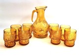 Carafa + 8 pahare suc limonada sticla galben chihlimbar BORMIOLI Italia anii 1970s design brutalist mid century modern retro