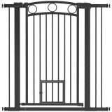PawHut Poartă pentru animale de companie &icirc;naltă de 106 cm cu lățime reglabilă, ușă integrată pentru pisici, pentru scări și tocuri de ușă, Negru | Aos