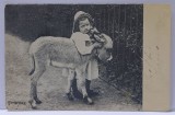 FETITA CU MAGARUS , FOTOGRAFIE FORMAT CARTE POSTALA , CLASICA , 1900